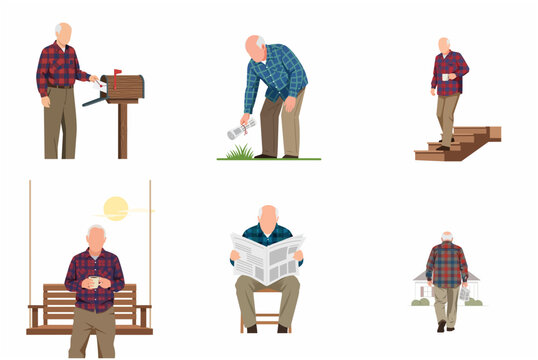 Set of flat vector illustrations of a senior man's daily morning routine, including reading the newspaper, drinking coffee, and checking the mailbox.