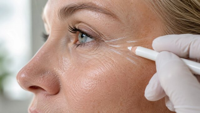 Aesthetician marking crow's feet on woman for cosmetic procedure