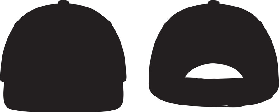 Solid black silhouettes of two baseball caps displayed from front and back angles for graphic design and apparel branding projects