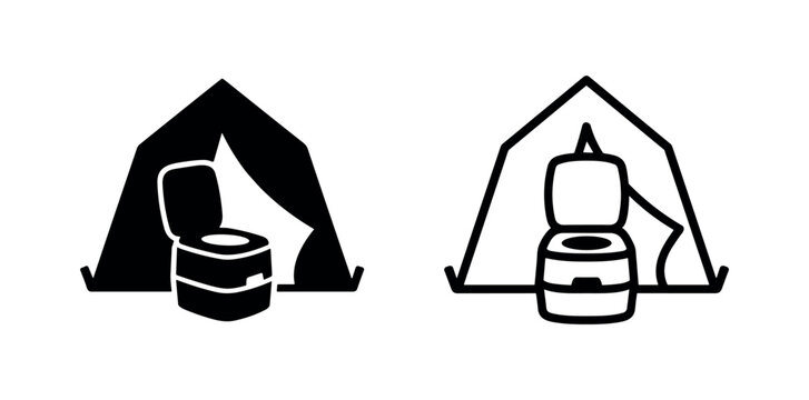 Portable camping toilet inside a tent icon vector. Flat black and outline symbol for outdoor sanitation and privacy.