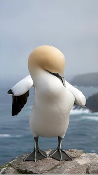 Cinematic footage of a majestic Northern Gannet standing proudly on a rocky cliff overlooking the ocean. The bird gently moves its head and blinks its striking blue eyes