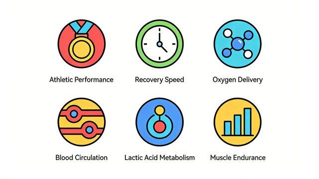 Sports fitness improvement icon, optimizing exercise performance, accelerating oxygen recovery, promoting circulating metabolism of lactate, and long-term enhancing muscle endurance

