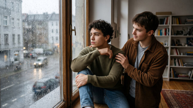 Comfort in the Storm: Two young men find solace and support as one comforts the other, looking out at the rainy city street from a cozy room.