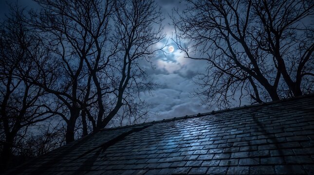 Moonlight shining on a tiled roof at night with bare trees