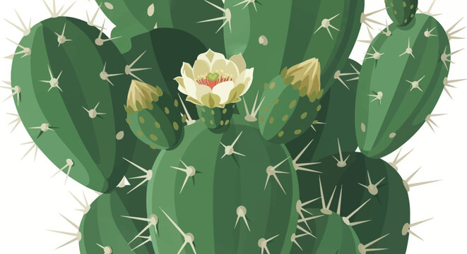 Close-up vector illustration of a green prickly pear cactus with sharp white spines and a blooming cream-colored flower with yellow buds against a clean white background.