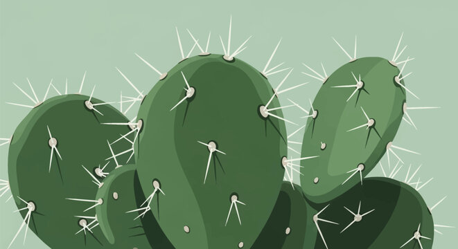 Detailed vector illustration of green prickly pear cactus pads featuring sharp white spines and needles, set against a solid sage background in a minimalist flat design style.