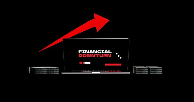 3D animation of laptop displaying financial downturn text with red arrow and decreasing dollar bills