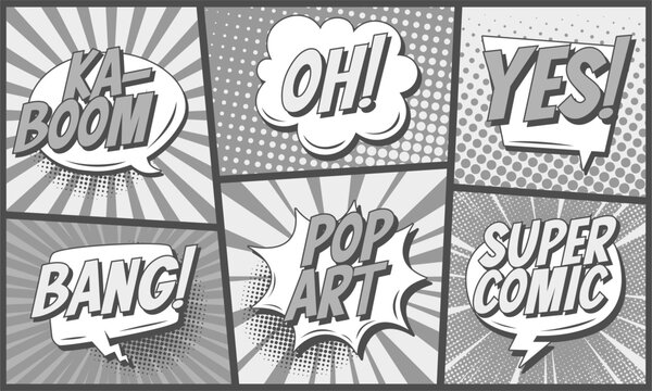 Cartoon comic backgrounds set. Speech bubble. Comics book black and white poster with halftone elements and radial lines. Retro Pop Art style. Vector illustration