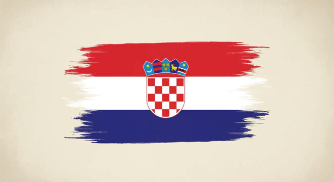 National flag of Croatia with red white and blue stripes and coat of arms rendered in a horizontal paint brush stroke effect isolated on a textured light beige parchment background.