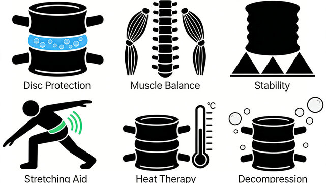 Lumbar spine care function icon, which can protect intervertebral discs, enhance lumbar stability, stretch, apply hot compress, and relieve pressure to protect the waist
