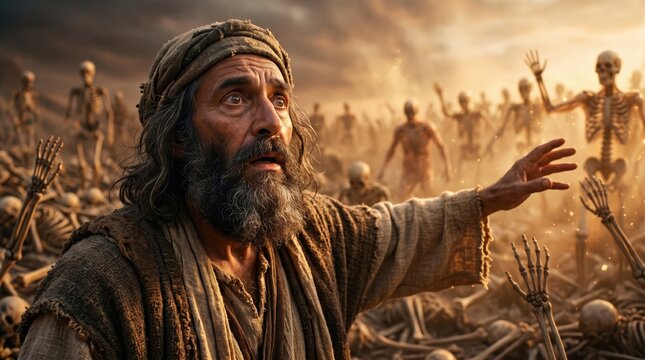 Portrait of the prophet Ezekiel experiencing the vision of dry bones. Older man reaching out towards a valley of skeletons coming to life. Biblical Old Testament scene
