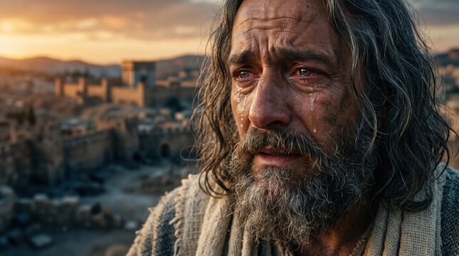 Close up of weeping man with grey hair and beard. Biblical prophet Jeremiah crying over ancient city. Sorrow and lamentation concept