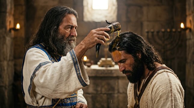 Prophet Samuel anointing Saul with oil from a horn. Ancient ritual of crowning the first king of Israel. Biblical ceremony in a stone temple