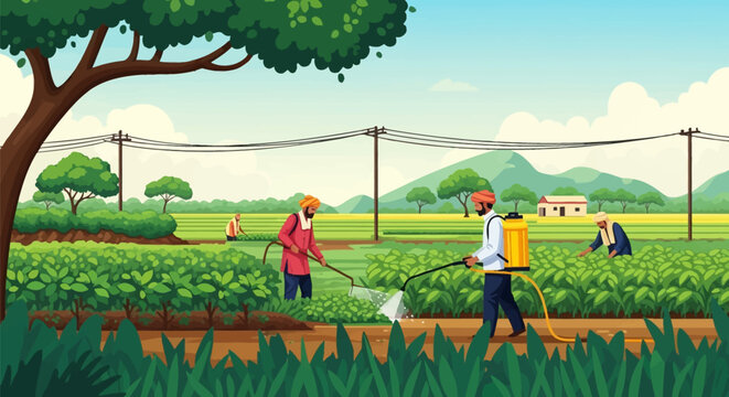 Vector illustration of Indian farmers working in lush green agricultural fields with hills and power lines in the background; one farmer uses a backpack sprayer on crops.