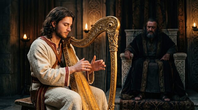 Young David playing a golden harp for King Saul. Ancient throne room music performance. Biblical scene of the shepherd boy and the king