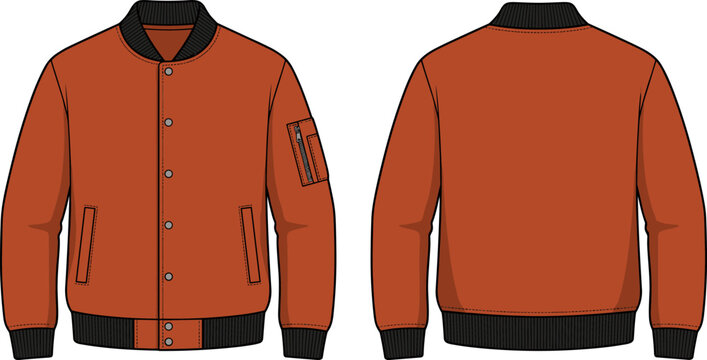 Blank orange bomber bomber jacket mockup technical sketch template with front and back views sleeve zipper pocket fashion apparel vector illustration