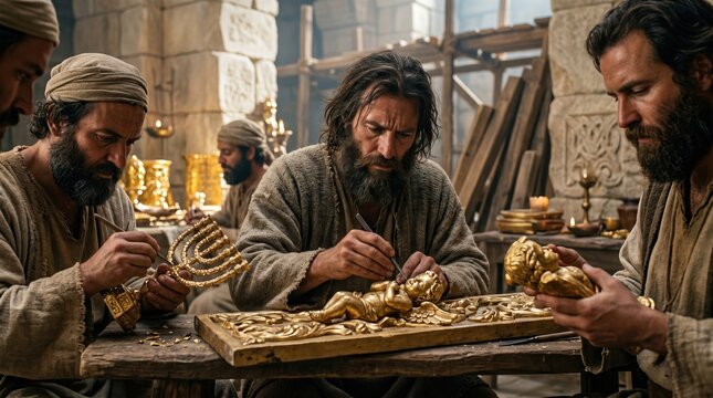 Artisans crafting golden objects for the Temple of Solomon. Ancient biblical construction and craftsmanship. Menorah and cherubim workshop scene