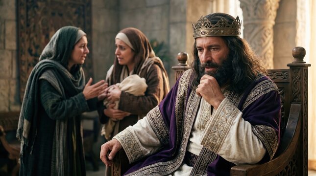 King Solomon judging the dispute between two mothers. Ancient biblical scene of wisdom and justice. Royal throne room with baby and arguing women