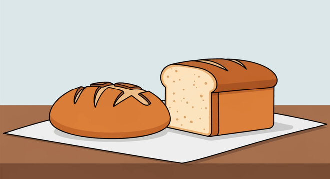 Vector illustration of fresh baked bread consisting of a round crusty boule and a sliced sandwich loaf on white paper over a brown table surface with a plain light background.