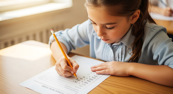 Focused young schoolgirl doing math homework with pencil at desk