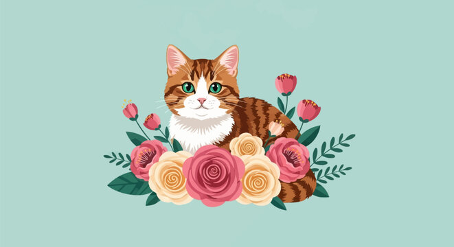 Vector illustration of a ginger and white tabby kitten sitting behind a floral arrangement of pink and cream roses and tulips on a solid mint green background.