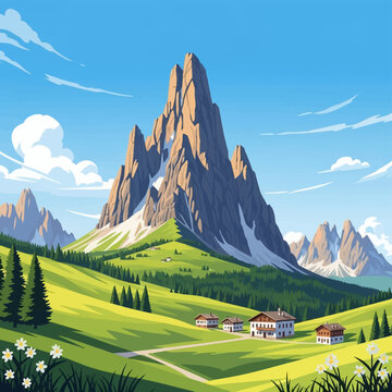 Vector illustration of Seceda mountain peak in the Odle Group, Dolomites, South Tyrol, Italy, featuring green alpine meadows, coniferous forests, traditional wooden chalets, and wild flowers.