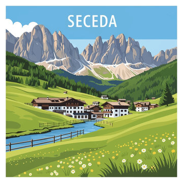 Vintage vector travel poster of Seceda ridge in the Dolomites, South Tyrol, Italy, featuring alpine meadows, wildflowers, mountain huts, a winding stream, and limestone peaks.