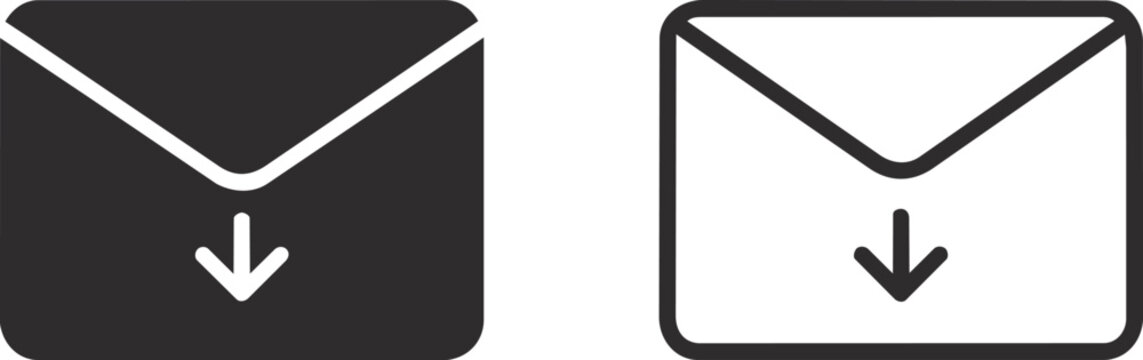 Minimal email inbox download icon collection featuring solid and outline styles. Clean, modern, and versatile design for web, mobile apps, user interfaces, communication, and digital platforms