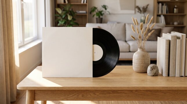 Blank Vinyl Record Cover Mockup with Black LP in Modern Interior