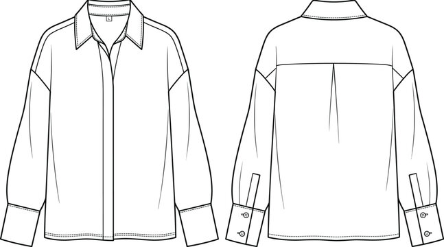 Technical fashion sketch of a women's oversized button-down shirt with drop shoulders and wide buttoned cuffs