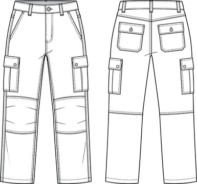 Technical fashion sketch of men's cargo pants with multi-pockets, front and back view, apparel design template