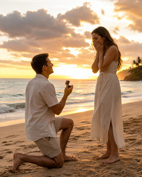 Man proposing to his surprised girlfriend with a ring on a glowing tropical beach at sunset.