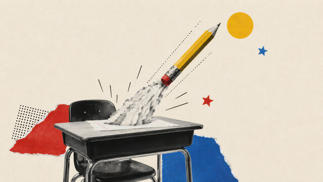 Creative back to school collage with pencil rocket launching, education metaphor for learning, ambition and success