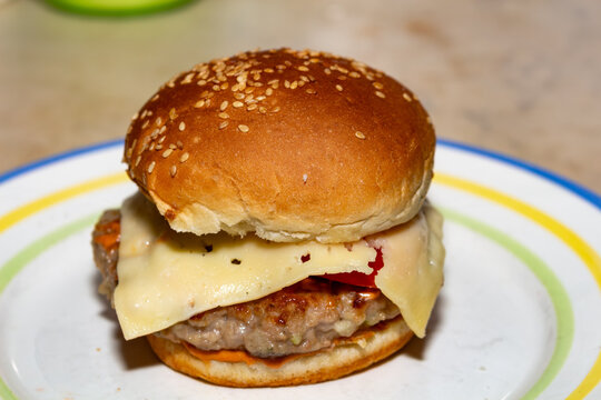 Juicy beef cheeseburger with melted cheese and sesame seed bun on a colorful plate