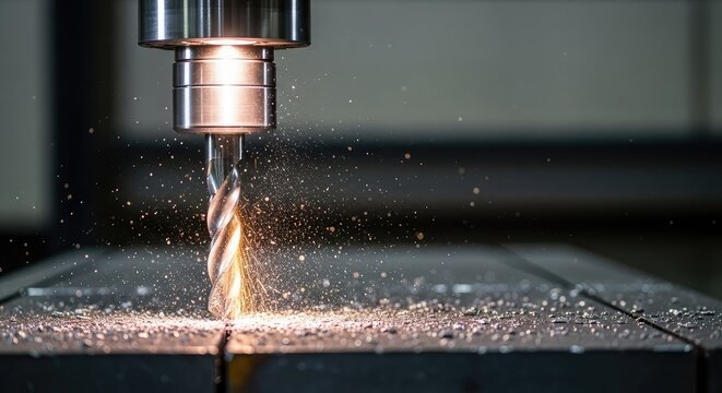 Industrial drilling machine creates a precise hole in a heavy steel slab, with metallic chips and debris flying in a gritty environment, hole, hard, macro