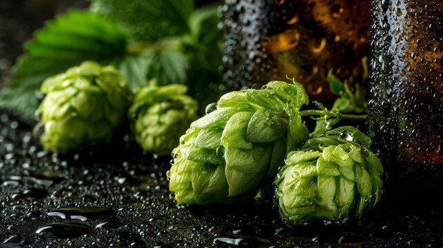 A macro composition of fresh hops and condensation resting beside beer bottles with cinematic texture and glossy reflections
