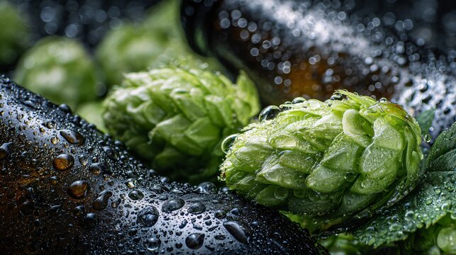 A macro composition of fresh hops and condensation resting beside beer bottles with cinematic texture and glossy reflections