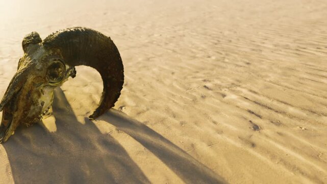 A skull of an animal lies on the sandy ground. The area shows patterns in the sand. The light appears warm, suggesting it is near sunset. No other objects are in sight.