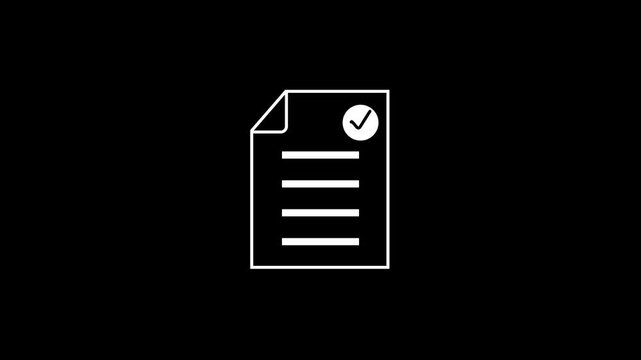 White Line Animation of Approved Document Paper Icon with Text Lines and Success Checkmark Sign on Black Background for Business Agreement Verified Contract and Task Checklist Loop