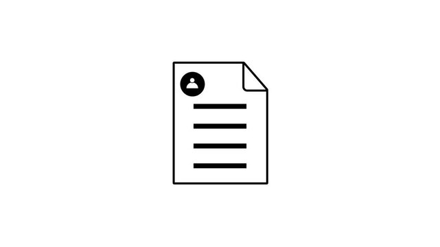 Black Line Animation of Resume CV Document Paper Icon with Text Lines and Profile Picture Sign on White Background for Job Recruitment Human Resources and Employment Hiring Concept