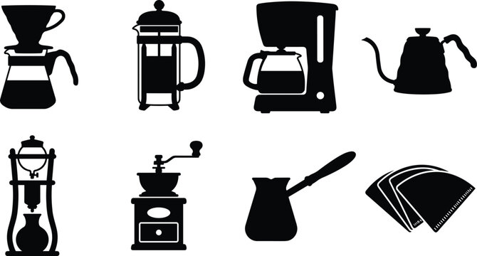 Coffee brewing equipment and preparation tools silhouette collection including siphon grinder french press and drip maker