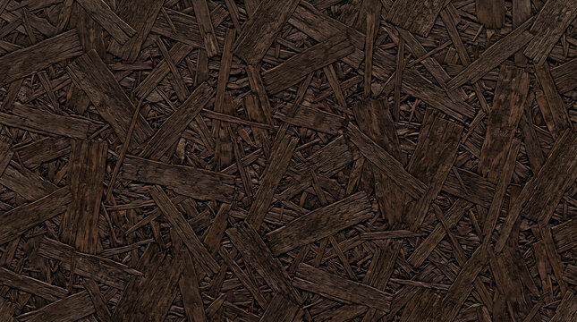 Dark brown oriented strand board texture featuring interlocking wood chips in a natural rustic pattern for architectural design with intricate pattern compressed