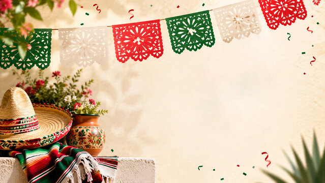 Papel picado banners hanging above traditional sombrero and blanket on beige backdrop. Mexico Independence Day festive celebration decoration. Cultural heritage background with copy space.