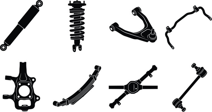 Car suspension parts silhouette set containing shock absorber strut control arm sway bar steering knuckle and axle