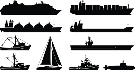 Obraz premium Cargo ship silhouettes and sea vessel vector icon set isolated on white background