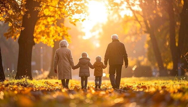 Family walking in autumn park during sunset.