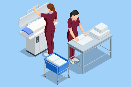 Isometric laundry staff at folding table with clean linen stacks and rolling carts in a textile care workspace. Commercial laundry service, hotel housekeeping and fabric organization