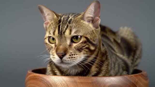 Bengal cat in wooden bowl