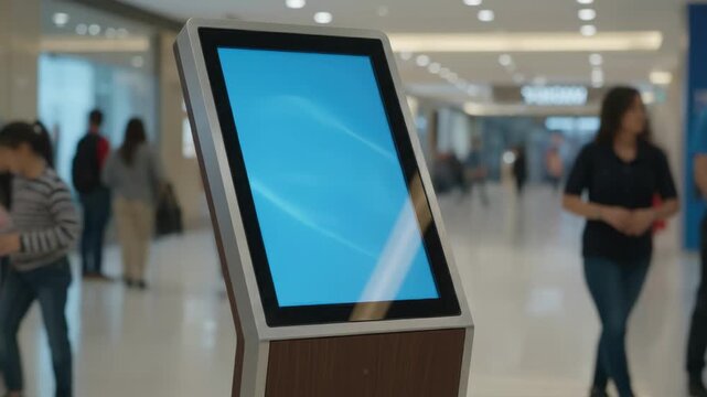 Medium shot of an AI service touchscreen kiosk in a crowded mall corridor main device crisp and clear with shoppers and staff subtly blurred in the backdrop.