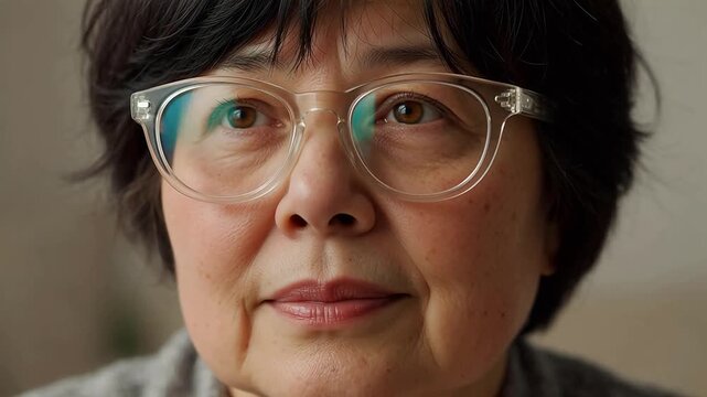 Close-up Portrait of Thoughtful Elderly Asian Woman Wearing Transparent Glasses
